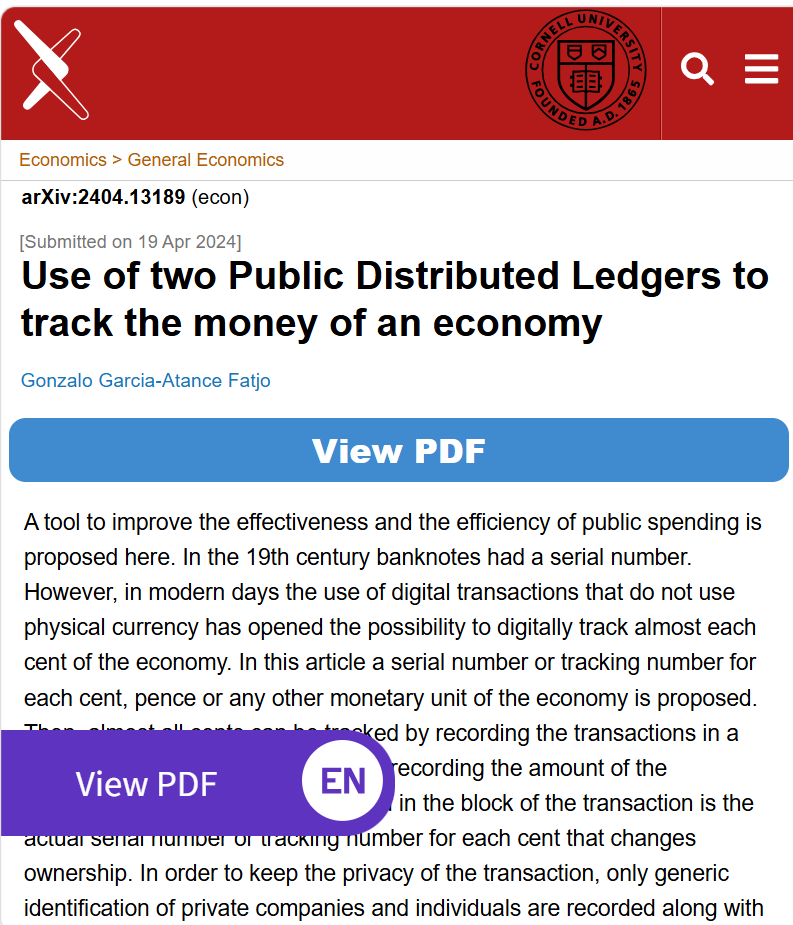 arXiv preprint page for Use of Two Public Distributed Ledgers to Track the Money of an Economy